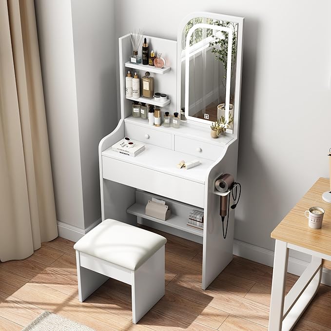 Makeup Vanity Desk with Lights,Small Vanity with Adjustable Brightness Mirror for Samll Spaces,Makeup Vanity with 3 Drawers,Storage Shelf,Bedroom Dressing Table