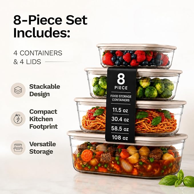 Naked Kitchen 8-Piece Food Storage Containers with Lids – Nesting Borosilicate Glass Meal Prep Containers with Leak-Proof Airtight Seal – BPA Free, Microwave, Oven, Freezer & Dishwasher Safe – Cream