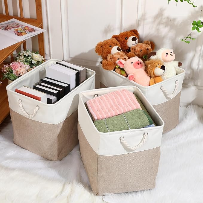 meekoo 8 Pack Collapsible Storage Bins Fabric Storage Bins Polyester Fabric Baskets with Handles Linen Closet Organizer for Shelf Home Closet Towels Toys(11 x 11 x 11 in,Beige)