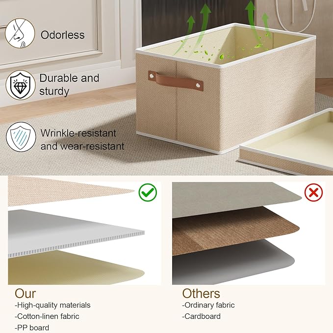 Foldable Storage Bin, 10.2×7.8×6.7 Inch Storage Box with Lid, Closet Organizer for Organizing with Handles, Beige, 1-Pack