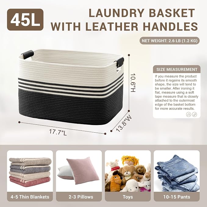 45L Small Woven Laundry Basket Hamper with Leather Handles,Black | 18"x14"x11", collapsible wicker hamper, storage for dirty clothes, toys, blankets, gifts, living room, bedroom, bathroom