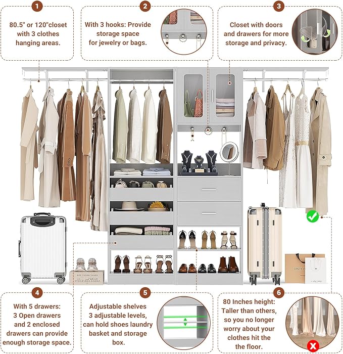 6.7FT-10FT Closet System Set with Half-Open Drawers, 80.5''-120" Wooden Modular Wardrobe Set with Shelving Towers, 80'' Height Closet Organizer with Hanging Rods and 2 Big Wing Shelves, Grey