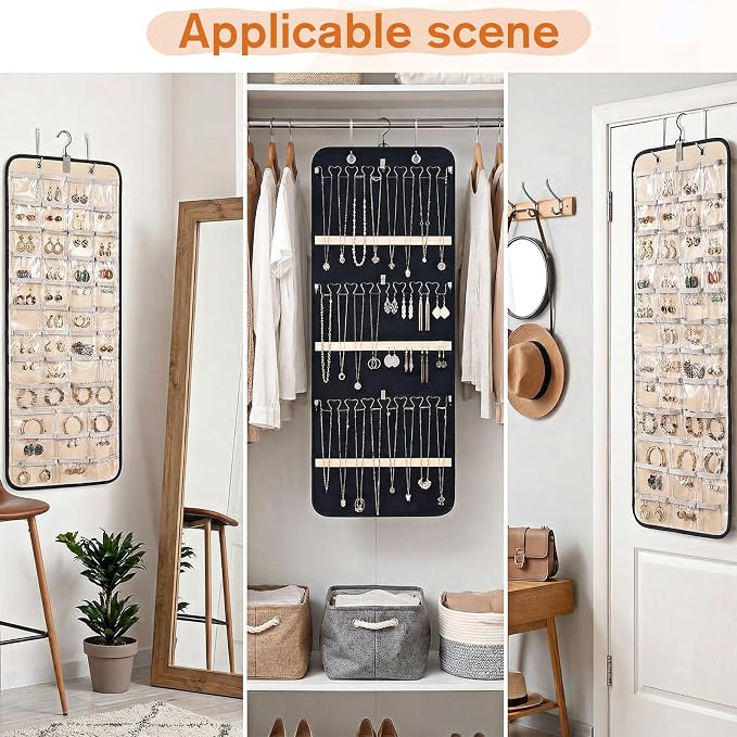 Hanging Jewelry Organizer, Double-Sided Necklace Holder with 43 Clear Pockets & 21 Hooks Jewelry Storage Roll with Hanger for Earrings, Necklaces, Rings on Closet, Wall, Door (33.1 x 14.2 Inch)
