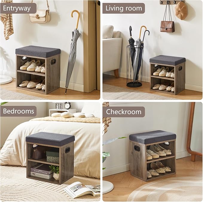 YMYNY Small Shoe Storage Bench with Cushion, Silver Gray, HBD028Y | 2 Tier Entryway Bench with Storage, Small Shoe Rack Bench with Adjustable Shelf for Entryway 11 x 15.3 x 16.5 Inches