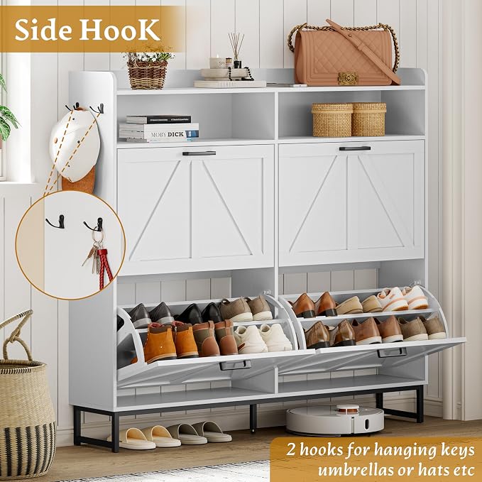 Wodeer Shoe Cabinet Storage for Entryway, Shoe Storage Cabinet with 4 Flip Drawers, Freestanding Narrow Shoe Rack Organizer with Metal Legs, Adjustable Shelves & Open Storage for Foyer, Hallway, White