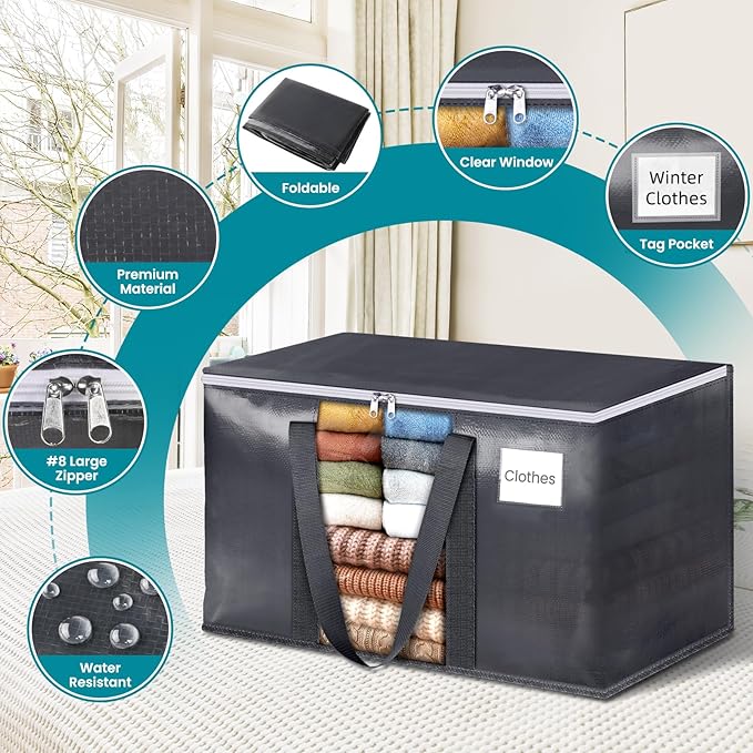 HomeHacks 2 Pack Extra Large Moving Bags with Visual PVC Window & Zippers, Storage Totes with Reinforced Handles, Heavy Duty Storage Bags for Packing, Moving, Storage (125L,Grey)