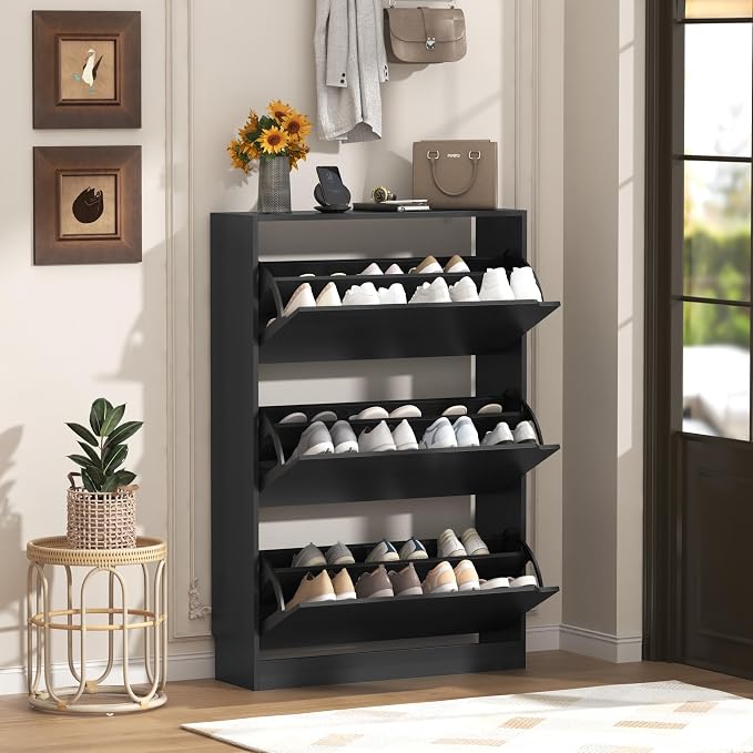 Wodeer Narrow Shoe Cabinet for Entryway, Slim Shoe Storage Cabinet with 3 Flip Drawers, Hidden Wood Shoe Cabinet Storage, Freestanding Shoe Rack Organizer Foyer, Hallway, Black