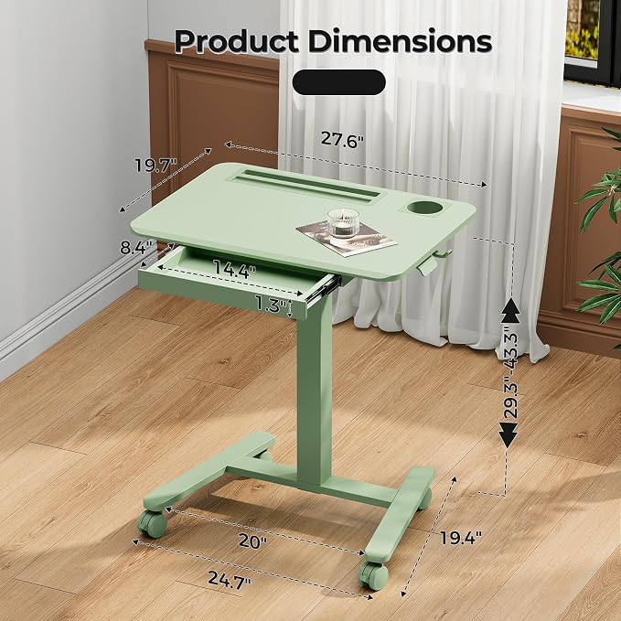 28" Mobile Standing Desk with Drawer, Portable Laptop Desk | Rolling Desk with Cup Holder and Hooks, Height Adjustable Computer Cart with Storage, Lockable & Hidden Wheels, Sage Green