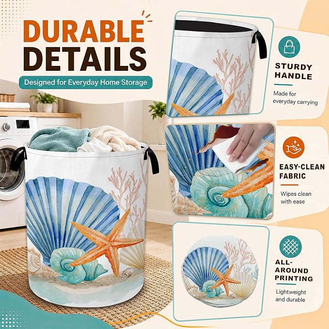 Starfish Laundry Basket,Coral Seashells Large Collapsible Portable Round Laundry Hamper with Handles,Oxford Storage Bin for Clothes,Blankets,Bedroom,Bathroom