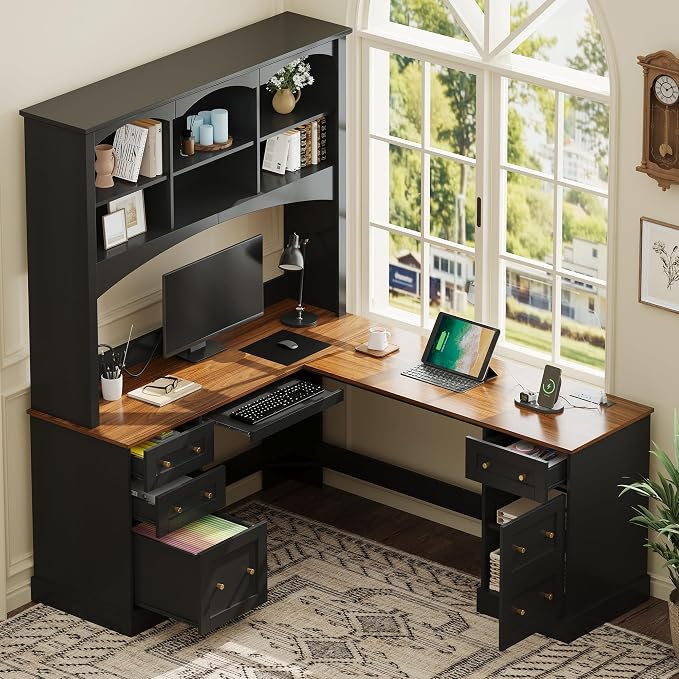 Merax L Shaped Desk Black, Corner Computer Desk with Charging Station & Keyboard Tray, Home Office Desk with File Drawers & Hutch, Space Saving Workstation for Office Study and Gaming