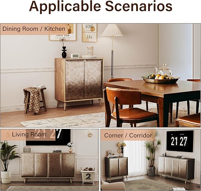 Sideboard Buffet Cabinet with Raised Shaped & Geometric Line Texture Door Panel, Accent Storage Cabinet for Living Room (Cabinet Body- Oak, 2 Door-15 D x 30.8" W x 34.5" H)
