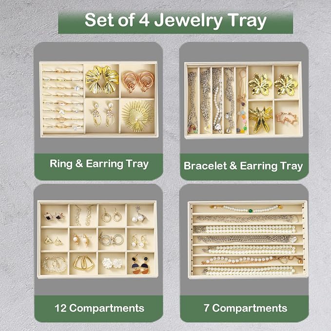 Jewelry Drawer Organizer Inserts Tray, Set of 4 Velvet Stackable Jewelry Trays for Earring Necklace Rings Bracelets Watch (Beige)