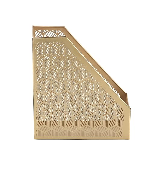 Deco 79 Metal Geometric Single Slot Magazine Holder with Laser Carved Design, 5" x 10" x 12", Gold