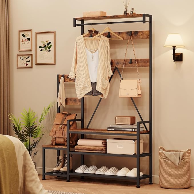 Coat Rack Hall Tree with Shoe Bench and Storage, Large Entryway Organizer with Hooks, Hanging Bar, Shoe Rack, Storage Cubbies, Shelf, Mudroom Bench, Rustic Hallway Furniture for Living Room Bedroom