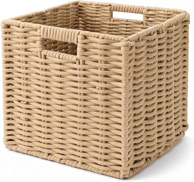 Cotton Rope Cube Storage Basket, 11 Inch Foldable Cubby Organizer Bins with Handles, Handwoven Square Basket for Organizing, Cube Closet Storage Bins for Shelves, Home Decor (Khaki)