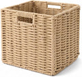 Cotton Rope Cube Storage Basket, 11 Inch Foldable Cubby Organizer Bins with Handles, Handwoven Square Basket for Organizing, Cube Closet Storage Bins for Shelves, Home Decor (Khaki)