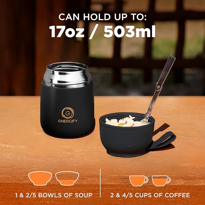 ENERGIFY Vacuum Insulated Food Jar. Large 17oz Bowl incl. Folding Spoon, Cup. Wide Mouth Keep Hot & Cold Drinks Soup Lunch Container for Adults. BPA-Free Stainless Steel, Leak Prooff Black Matte