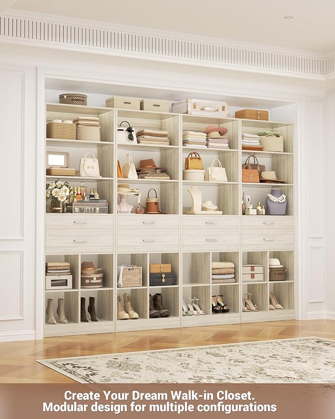 Besiost 22" Closet System with Drawers, Small Closet Organizer for Walk in Closet, Bedroom & Nursery, Wardrobe Storage Unit with Storage and Shelves, Enclosed Storage Volume 2.58 ft³, Greige Oak