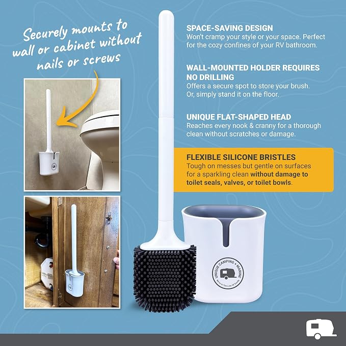 Unique RV Silicone Toilet Bowl Brush with Holder, 2-Pack | Wall-mount no-drip holder; non-scratch bristles help clean RV & camper toilet bowls & conserve bathroom space