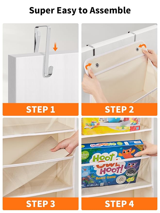 JARLINK Over The Door Toy Storage Organizer w/Clear Window, Beige | Anti-Tilt 44 lb Load Capacity, Baby Toy Storage Organizer for Stuffed Animals, Nursery, Kid Bedroom, Newborn Baby Essentials