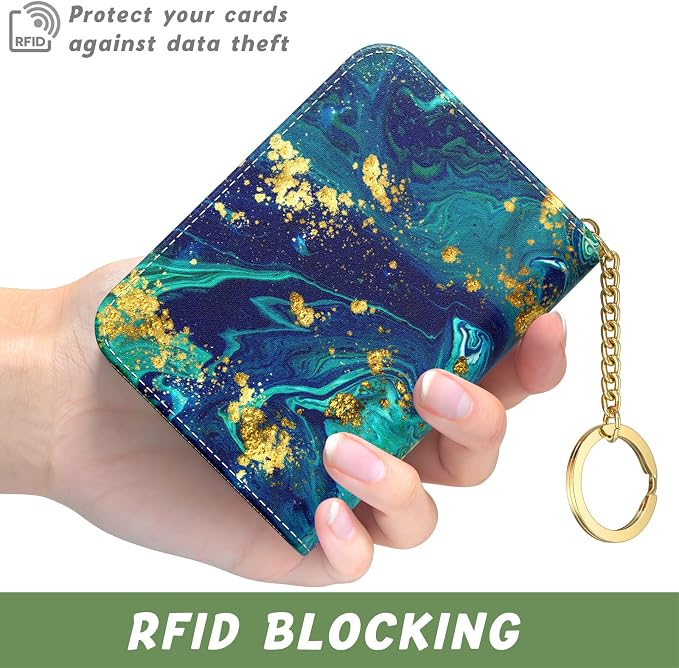 Aiawoxc Credit Card Holder for Women, Small RFID Wallet Slim Leather Card Organizer Case with Zipper and Keychain, Ocean Marble