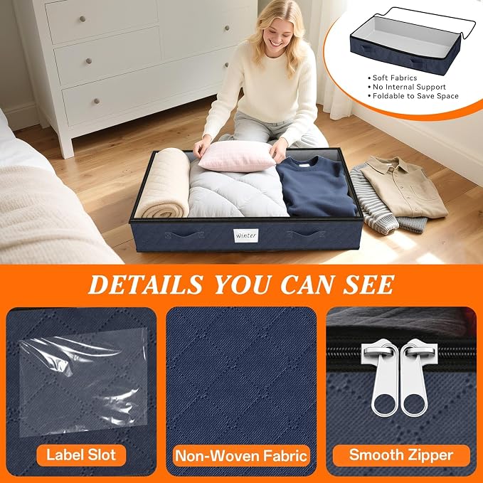 SpaceWhisper 90L Under Bed Storage Containers, 8-Pack Storage Bins with Clear Top, Foldable Closet Organizers and Storage with Label Holder for Clothing, Blankets, Comforter & Pillows(Blue)