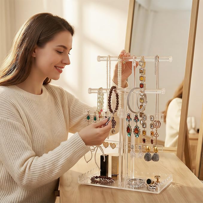 Acrylic Jewelry Stand with Scalloped Tray, 14" 4-Tier Tall Tangle-Free Necklace Holder Bracelet Hanging Jewelry Organizer for Bangles Earrings Watch, Tower Tray Storage for Gift Ring Perfume