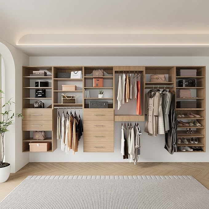 Modular Closet System, 90" Wide Closet Organizer System with Hanging and Drawers, Wood Tower Closet Storage for Walk In Closets, Wall Mounted Wardrobe Organizer Kit System, Bedroom, Wood