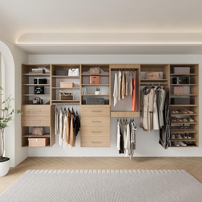 Modular Closet System, 49" Wide Organizer With Towers and Hanging, Wood Storage for Walk In Closets, Wall Mounted Wardrobe Kit, Bedroom