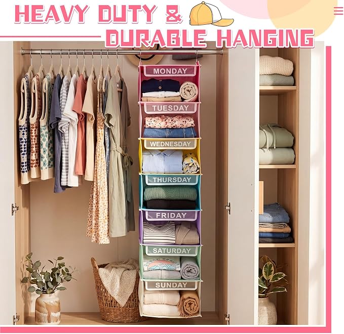 Amylove 2 Pcs 7 Shelf Weekly Clothes Organizer for Kids Hanging Closet Organizer 11. 8 x 11. 8 x 50 Inch Daily Activity Kids Clothes Storage Drawers Cube Drawers Closet Hanging Shelves (Pastel Color)