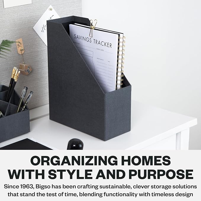 Bigso Estelle Fibreboard Magazine Holder with Leather Handle - Magazine File Holder and Organizer for Papers and Catalogs on Home or Office Desks - W4.4 x D9.8 X H12.7 (inches) - Black