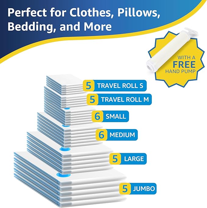 Simple Deluxe 32 Pack Compression Storage Bags, Vacuum Storage Bags, Space Saver Bags for Comforters, Blankets, Pillows and Clothes Storage, Hand Pump Included (5 Jumbo/5 L/6 M/6 S/5 Roll M/5 Roll S)