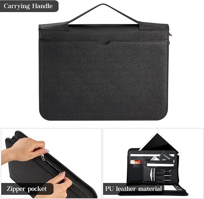 ProCase Portfolio Business Padfolio Folder with Handle and Zipper -Allblack | Conference Meeting Executive File Legal Document Organizer with Pockets Letter Size A7 Writing Pad Notepad Padfolio