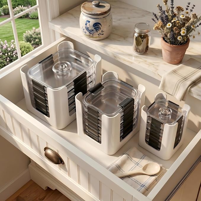 White 3 Pack Food Container Lid Organizer for Rubbermaid Brilliance | Stackable Lid Holder for Kitchen Cabinet Storage & Pantry Organization, Fits 0.5, 1.3, 3.2, 4.7 Cup Lids, Holds 24 Lids