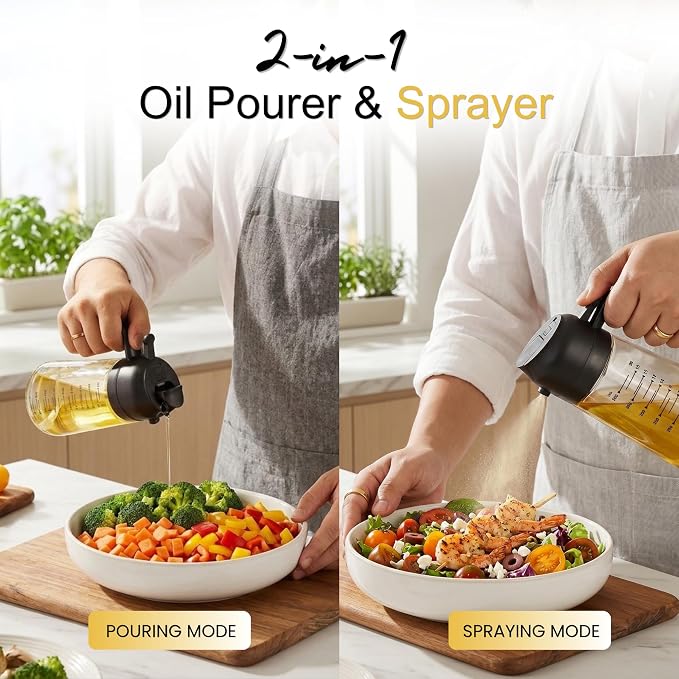 COOKENZA- 16oz/470ml Glass Olive Oil Sprayer for Cooking - 2 in 1 Oil Dispenser & Mister for Air Fryer, Salad & BBQ - Refillable, Food Grade - Black