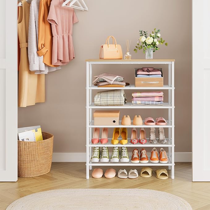 Tajsoon 6 Tier Shoe Rack Organizer for 20-24 Pairs of Shoes, Metal Mesh Shoe Shelf for Closet, Industrial Shoe Rack for Entryway Shoe Storage with X Shape Fixed Frame, White Log