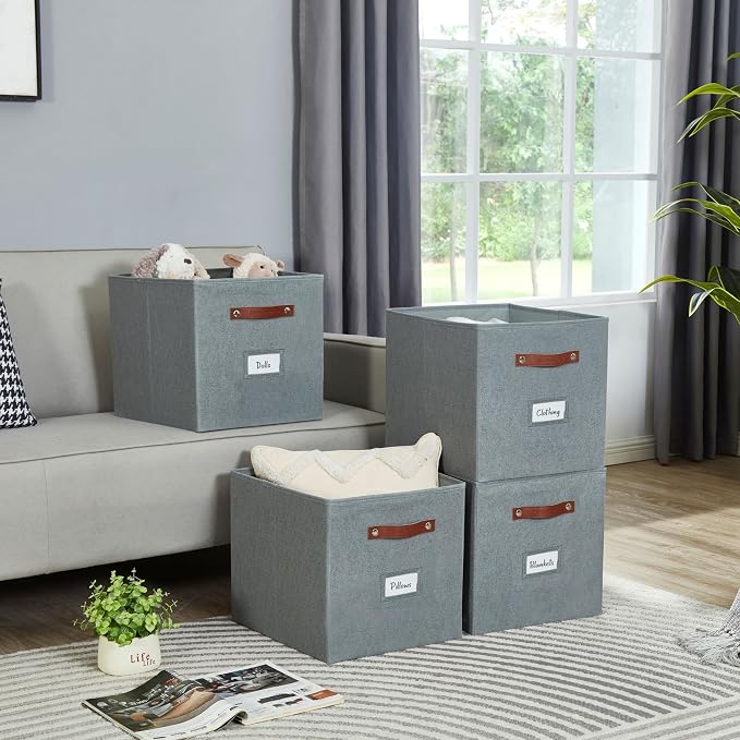 DECOMOMO Storage Baskets, 13x15x13 Storage Cube Bins with Labels for Organizing Shelves (Kallax / 4pcs, Texture Grey)