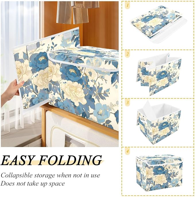 Blue White Peony Lidded Storage Bins with Handles - 16.5"x12.6"x11.8" Foldable Organizing Box, Oxford Fabric & Honeycomb Board, Dust-Proof Flip Lid for Closet/Office