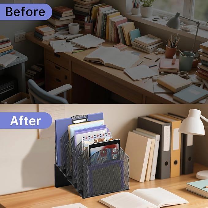 File Organizer for Desk, 5-Section Mesh Mail Holder, Black | Mesh file organizer for desk, mail organizer and folder holder for A4/letter papers, notebooks, binders and office supplies