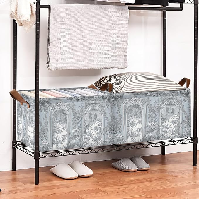 Vintage French Floral Classic Blue Storage Basket Foldable Cube Storage Bins with Handles&Labels Collapsible Organizer Box Bin Large Rectangle Decorative Baskets for Shelves Home Room Laundry