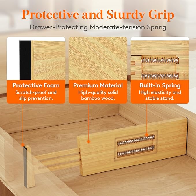 Lifewit 4" High 5 Pack Bamboo Drawer Dividers 31-40cm/12-16 Adjustable Wooden Drawer Organizer for Clothes/Utensils, Expandable Drawer Separator for Dresser/Kitchen/Bedroom/Office Organization