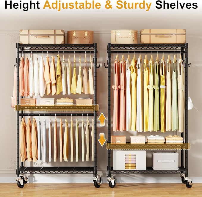 ULIFHOME P1 Rolling Clothes Rack, Portable Wardrobe Closet with Wheels, Heavy-Duty Closet Clothing Rack for Hanging Clothes, 35.5" W x 15.7" D x 80.5" H, Hold 500lbs, Black