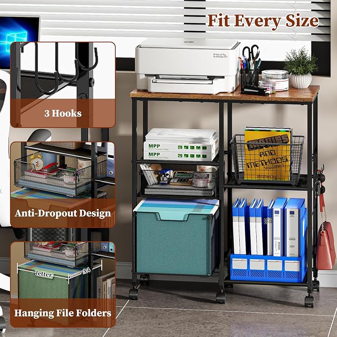 Tiaoheka Rolling File Cart with Wheels,Lateral File Cabinet with 2pcs Drawers,Rolling Printer Stand Cart with Open Storage Shelf,Hanging Filing Cabinet Organizer Cart Fits Letter Size for Home Office