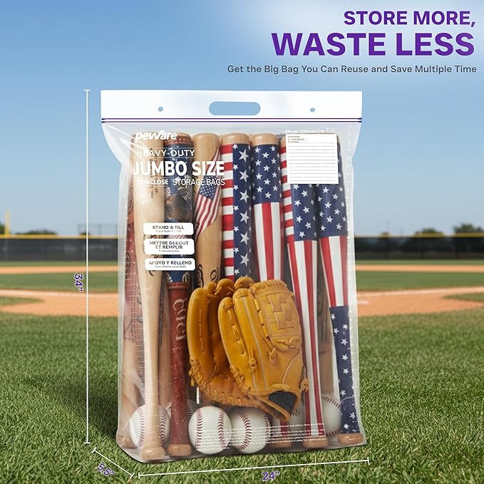 20 Gallon Heavy Duty Jumbo Storage Bags with Handle – 24" x 34" Resealable Zipper Top, Oversized Storage Solution for Clothes, Food, Pillow, Bedding, Household, BPA-Free, Pack of 10, 6 Mil Thick