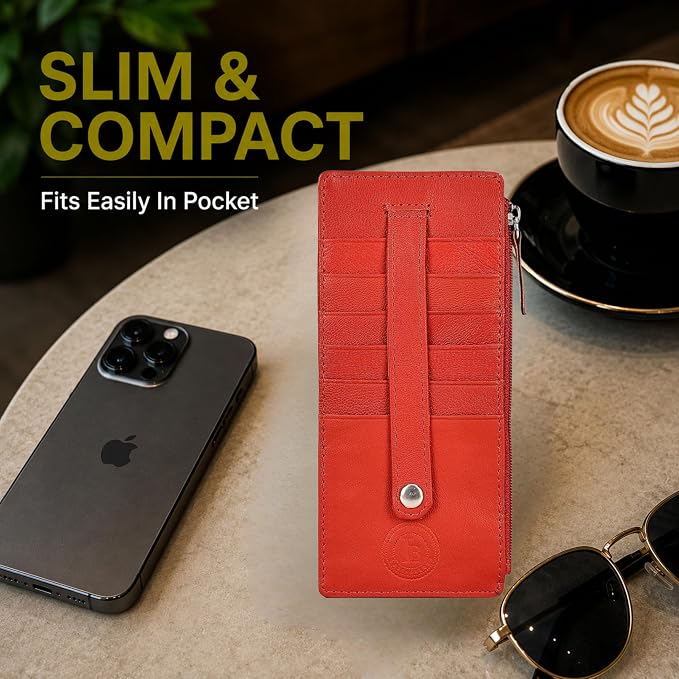 Leatherboss Genuine Leather Women's All in One Credit Business Card Case Holder Slim Zipper Wallet With a Card Protection Strap, Red