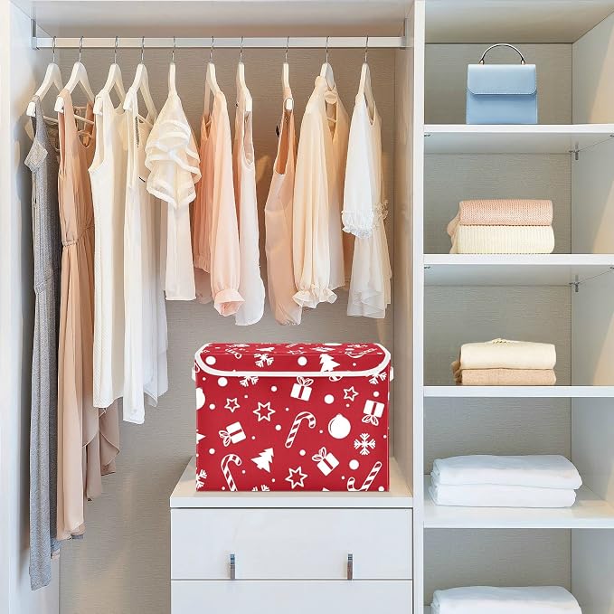 CaTaKu Large Fabric Storage Bins With Lids, Red Christmas Tree Storage Boxes With Handles for Organizing Clothes, Collapsible Storage Cube Bins Baskets for Shelves