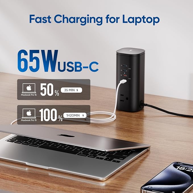 115W Fast Charging Station, TenTrend Power Strip Tower, 5FT Extension Cord | Charging Tower with 3AC Outlets & 8 USB Ports(4 USB-C), Foldable 15W Charging, Dorm, Office Desk Supplies