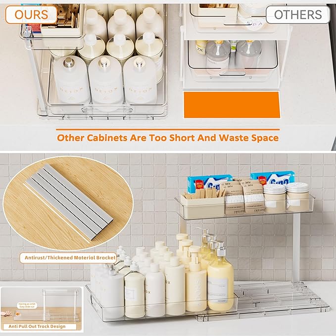 Yieach 2 Pack 14.5″ Deep Pull Out Under Sink Organizer,10.8″ High 2 Tier Slide Out Cabinet Organizer for Kitchen Cabinet,Undersink Organizers,Under Sink Shelves,Bathroom Organizers and Storage,Clear