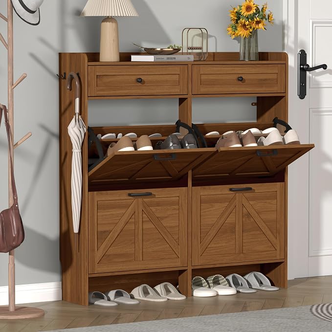Thacuok Shoe Cabinet with 4 Flip Drawers & 2 Storage Drawers, Rustic Farmhouse Narrow Shoe Organizer Cabinet, Slim Shoe Rack Cabinet, Shoe Storage Cabinet for Entryway, Hallway, Front Door