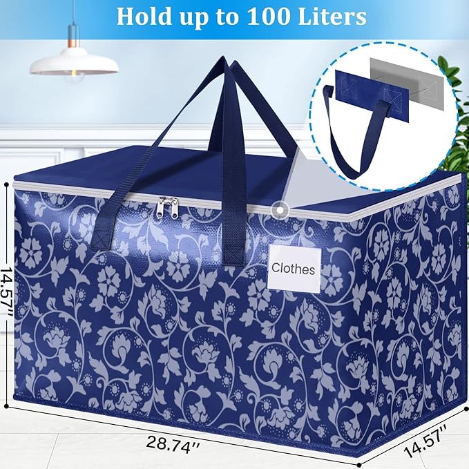 HomeHacks Moving Bags, Extra Large Size Moving Boxes, Heavy Duty Luggage Bags with Smooth Zipper and Sturdy Handles, Large Capacity & Easy Loading Storage Totes for Space Saver 100L, 8-Pack, Blue